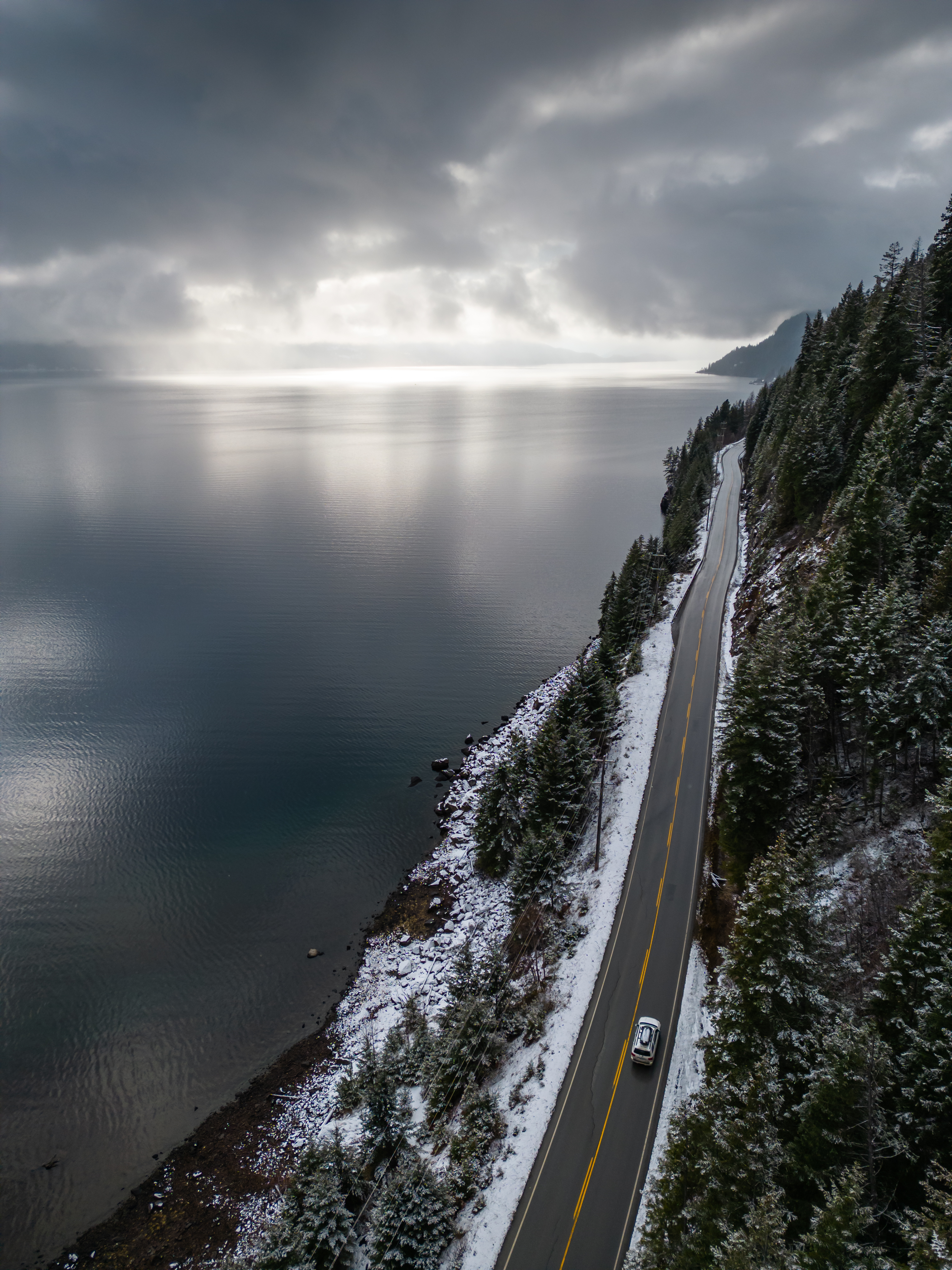 Kootenay Lake and Highway 3 aerial shot.