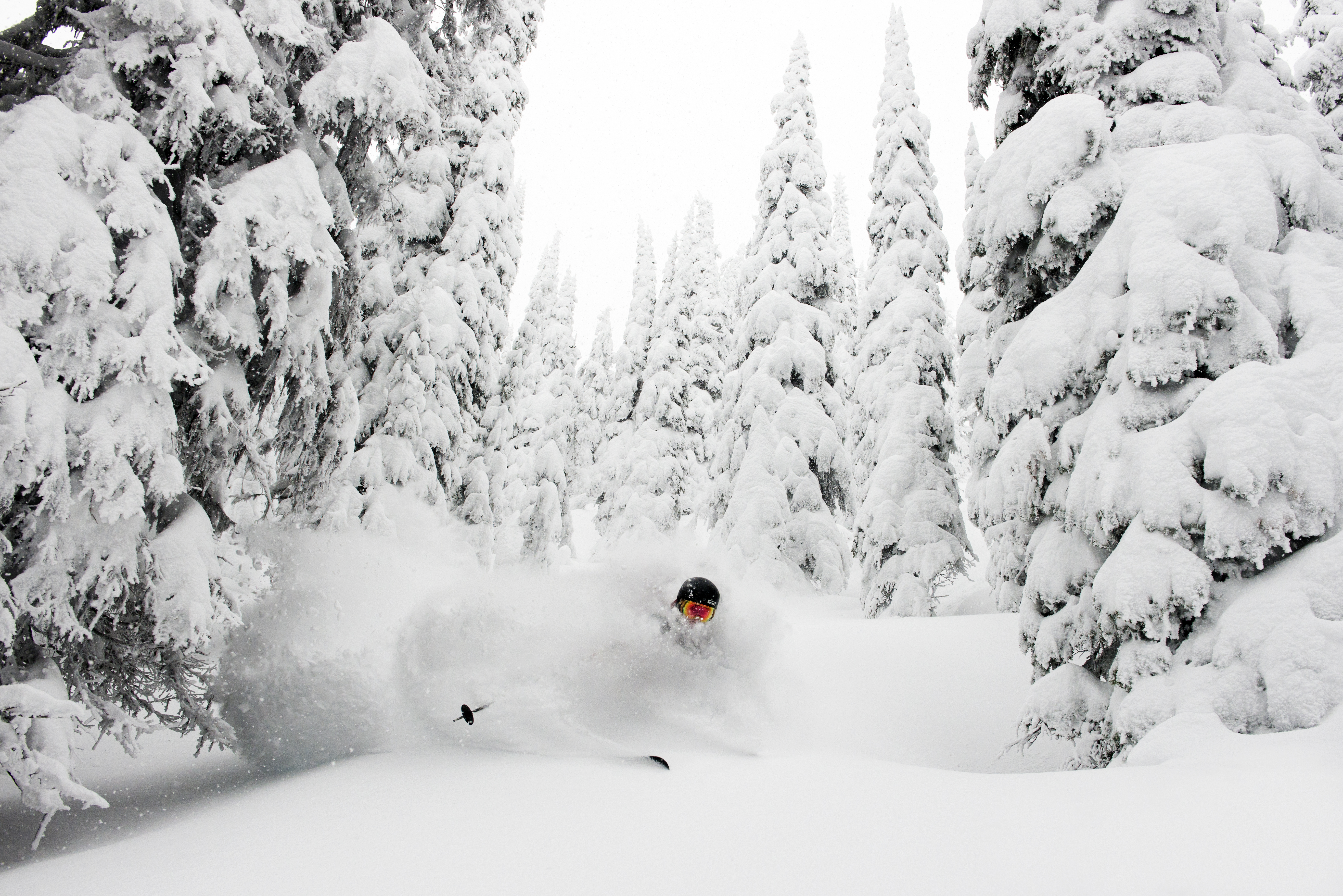 A skier riding in deeper powder at Whitewater Ski Resort.