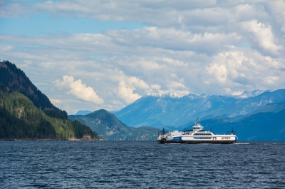 The Kootenay Lake Ferry crossing Kootenay Lake near Nelson, BC