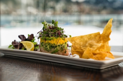 A close up of a Tuna Tower at the West Coast Grill in the Prestige Lakeside Resort